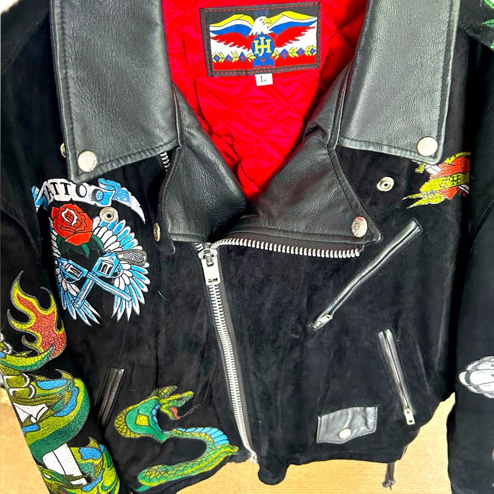 SALE!!! Black Leather Tattoo JEFF HAMILTON vintage bike jacket. Gorgeous.